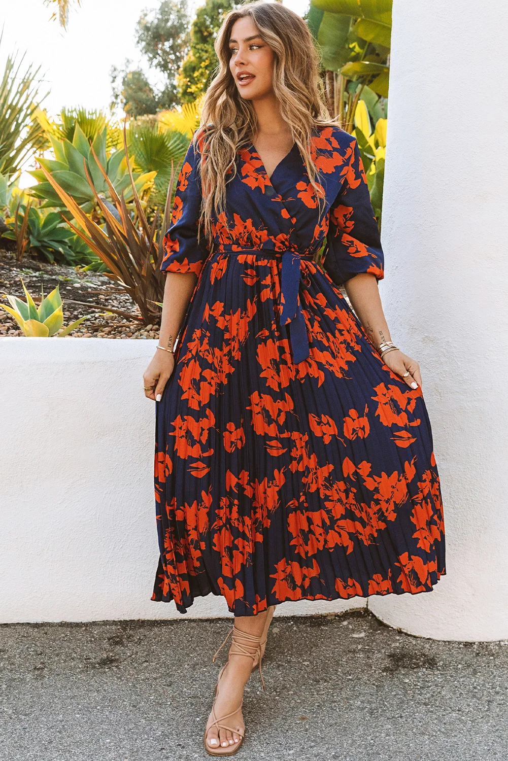 Orange V Neck Wrap Pleated Maxi Floral Dress with Tie | IFYHOME