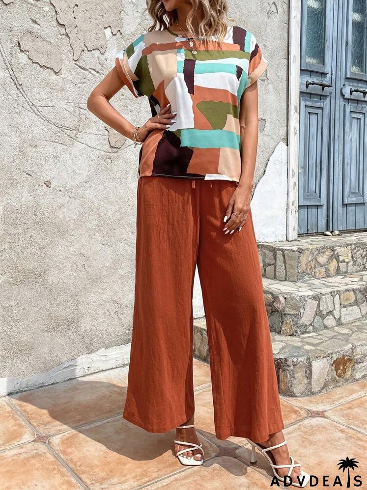 Geo Print Batwing Sleeve Top & Wide Leg Pants