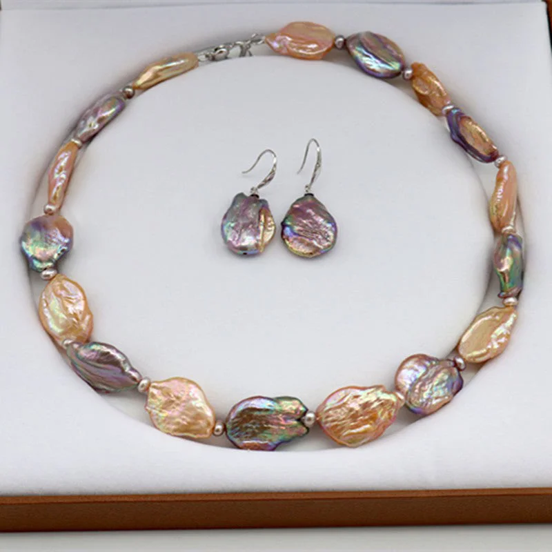 Fashion 16-17mm strong mixed color baroque pearl necklace set | Freshwater button pearl necklace earrings two-piece set