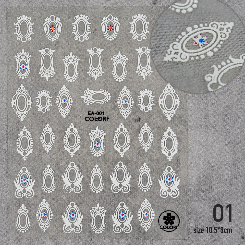 [Beautizon] 3D Engraved Nail Art Stickers Baroque Design Frame style white Leaf Flower high quality Sticker Empaistic Nail