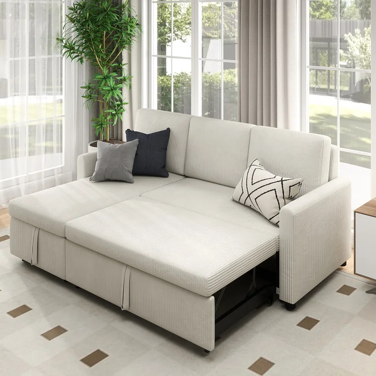 3 in 1 Convertible Sleeper Sofa Bed, 83" Modern Velvet Pull Out Sofa Bed, Upholstered Loveseat Sofa Couch with Adjustable Backrest for Living Room Office, White