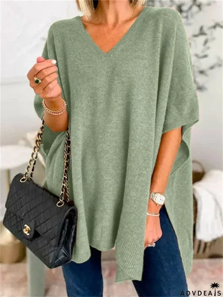 Chic V-neck Loose Knitted Poncho Sweater for Women
