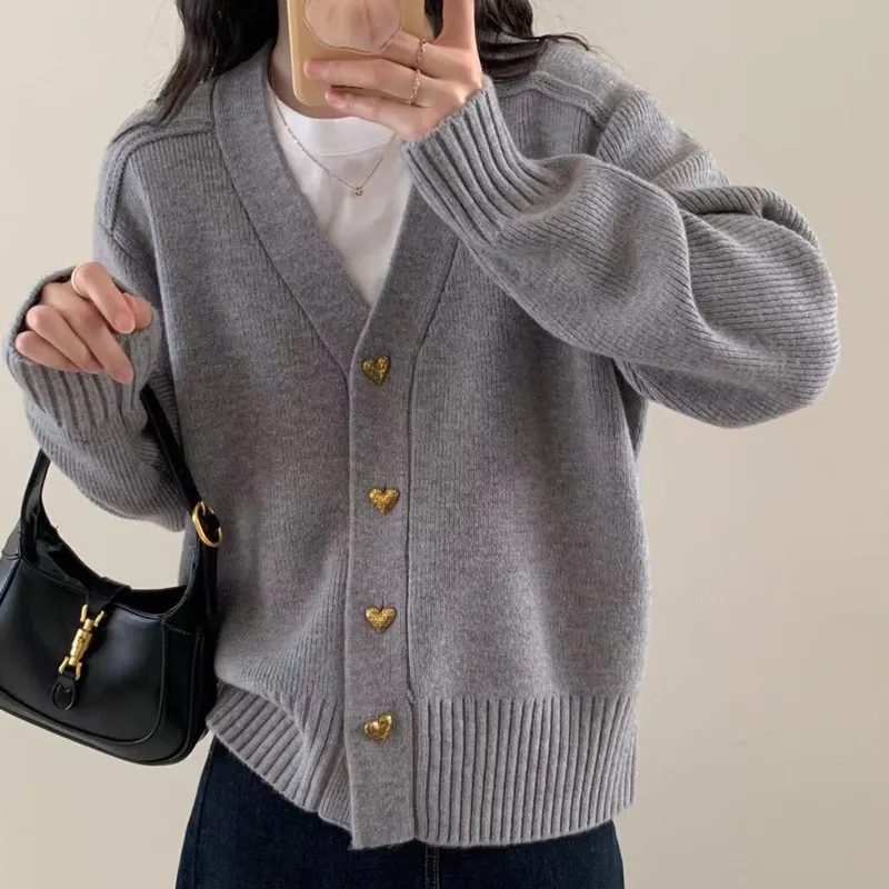 Churchf Churchf Winter New Korean Version Loose Lazy Wind Pure Color Knit Cardigan Jacket Women's Single Breasted Casual Sweater Coat