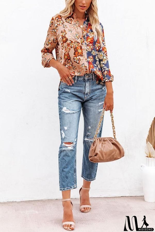 MidiSono - Floral long sleeve women's Lapel button shirt