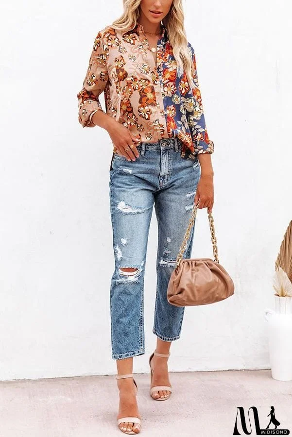 MidiSono - Floral long sleeve women's Lapel button shirt