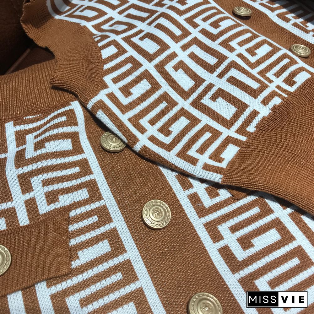 Geometric Knitted Vest Crop Tops Two Piece Skirt Sets