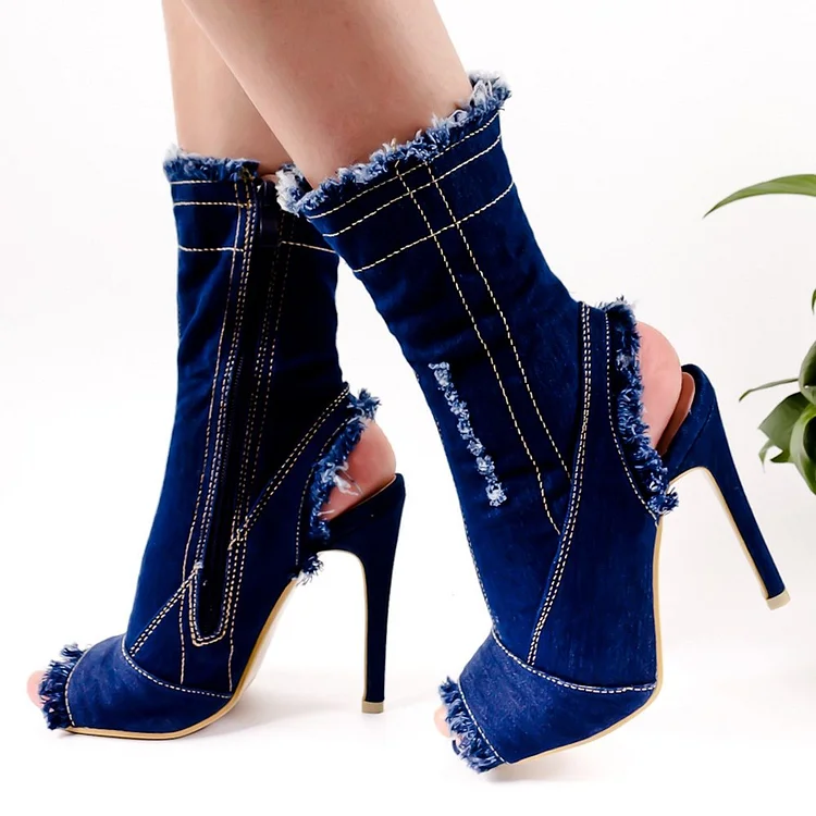 Fashion Blue Denim Booties Peep Toe Slingback Heeled Ankle Boots |FSJ Shoes