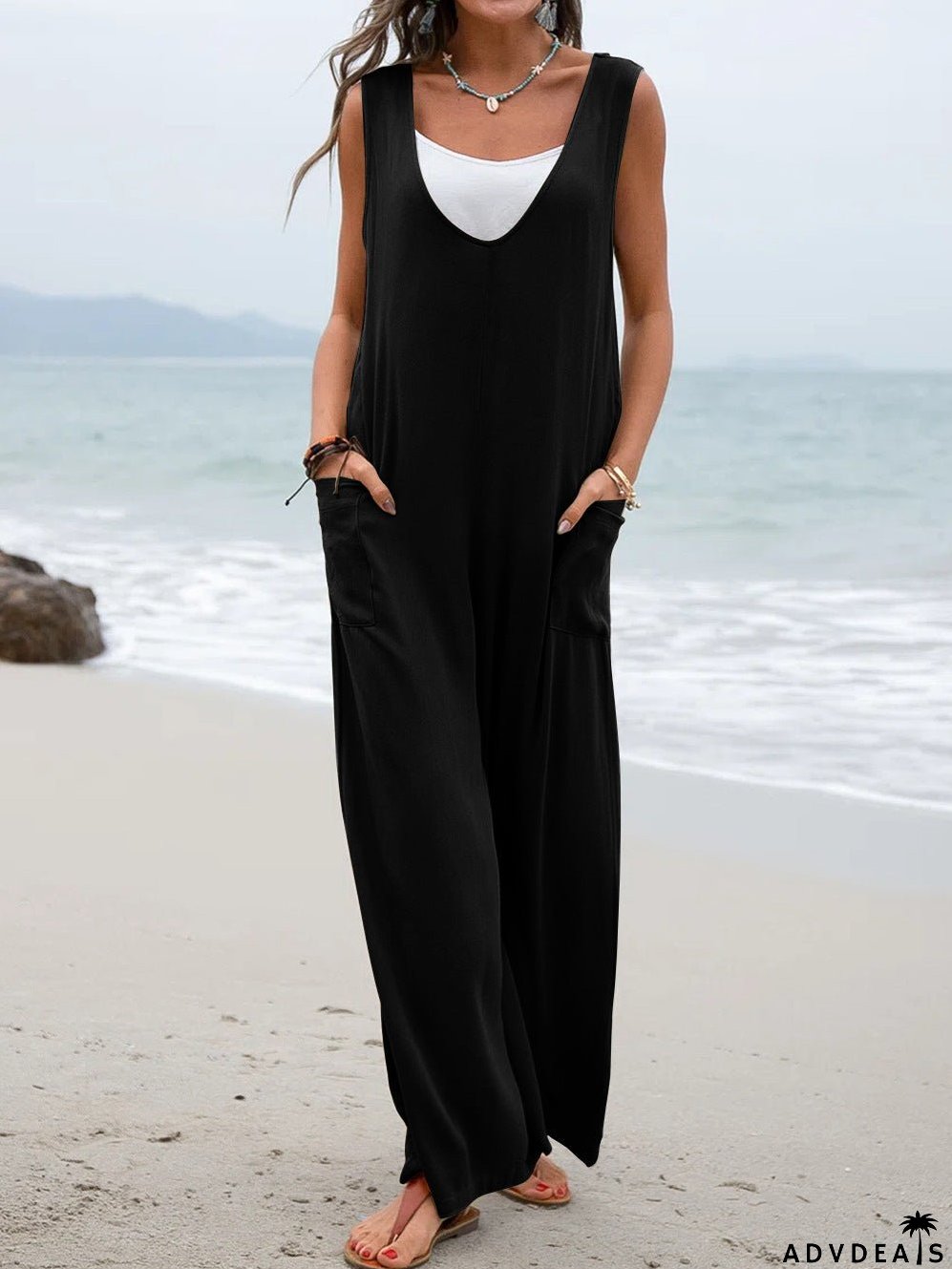 Solid Color Patch Pocket Fashionable Jumpsuit V-neck