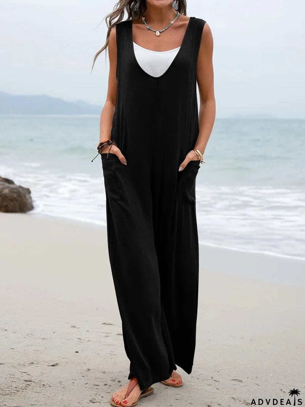 Solid Color Patch Pocket Fashionable Jumpsuit V-neck