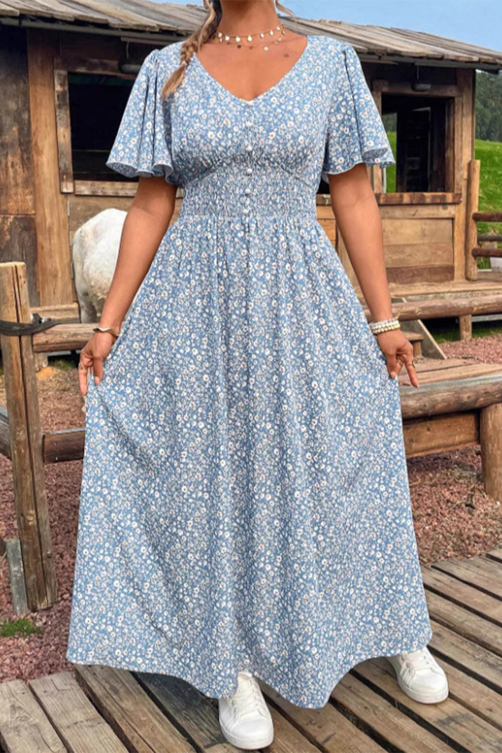 Plus Size Vacation Light Blue Ditsy Floral Print Button Flutter Sleeve Tunic Cottagecore Maxi Dress 2024 - Flycurvy 