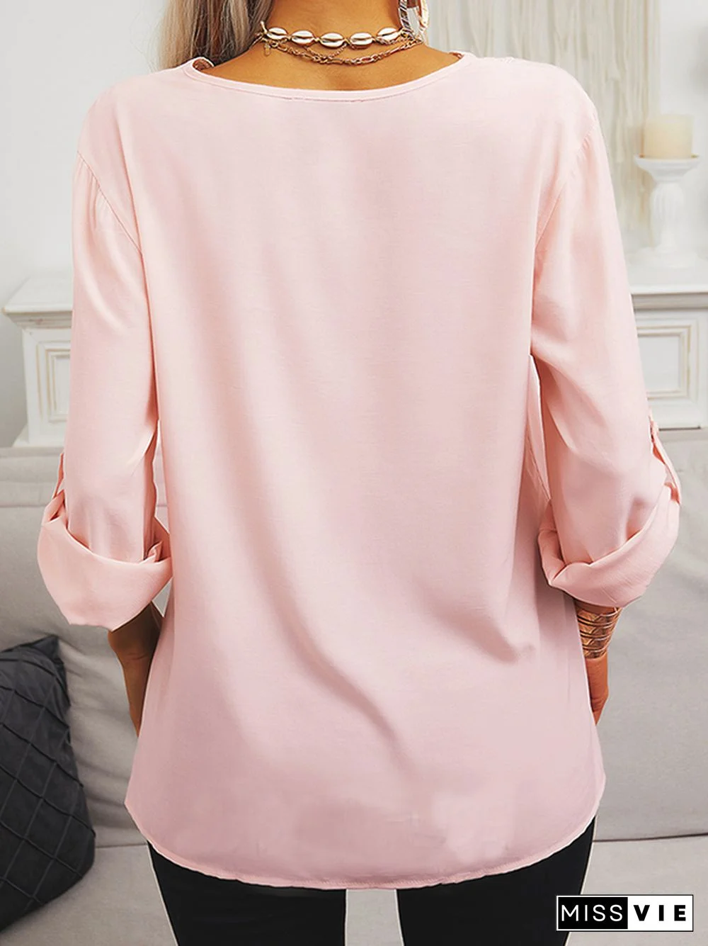 Lace Long sleeve Plain V Neck Casual Long sleeve tops