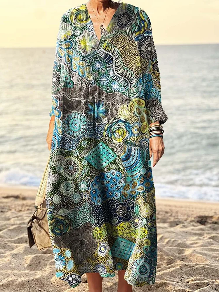 Women's Vintage Art Print V Neck Long Sleeve Dress
