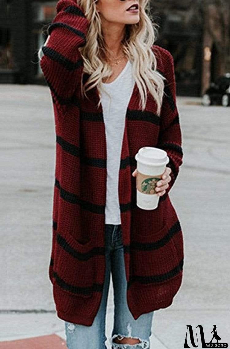 MidiSono - Vintage Striped Long Cardigan