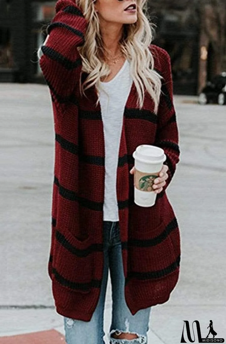 MidiSono - Vintage Striped Long Cardigan