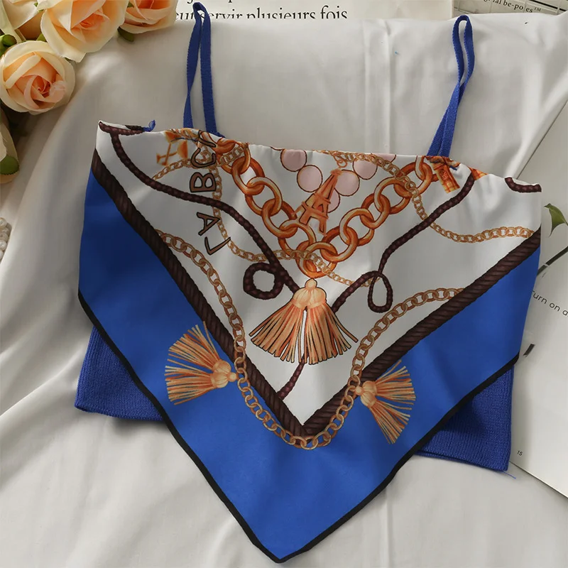 Uveng Uveng Print Splicing Short Belly Pocket Small Vest Woman 2024 New Slim Silk Sling Shirt Ice Refresher Silk Top