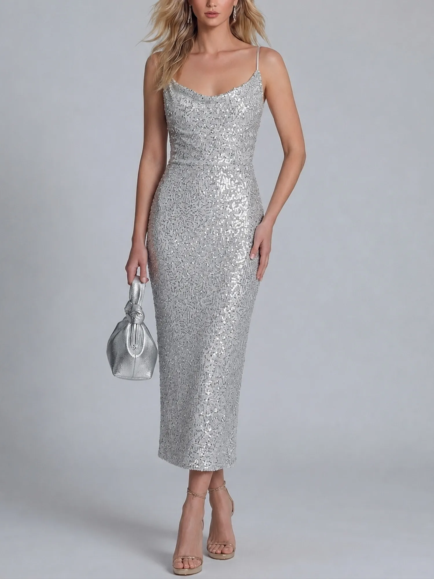 Festival Dress &mdash; Metallic Silver Cowl Neck All-Over Sequin Lace Dress Midi Dress