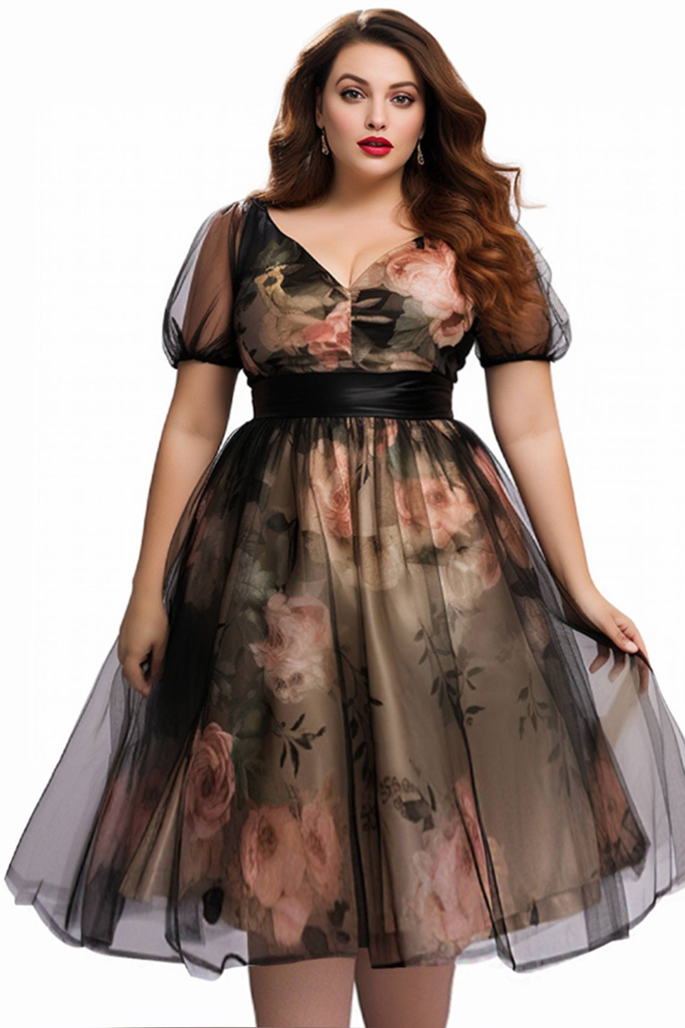 Flycurvy Plus Size Cocktail Black Organza Floral Print Puff Sleeve Midi Dress