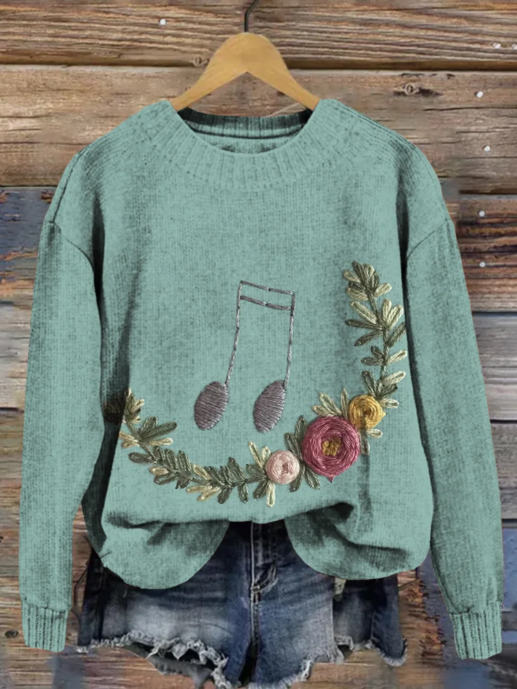 Comstylish Flower & Music Note Embroidery Art Cozy Knit Sweater