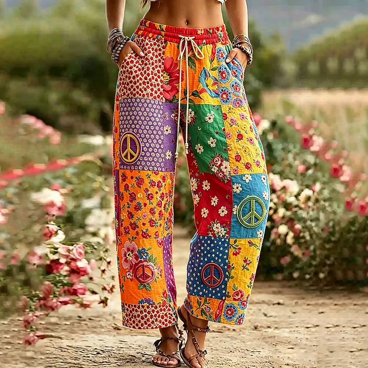 Women's Bohemian Floral Pattern Casual Linen  Pants