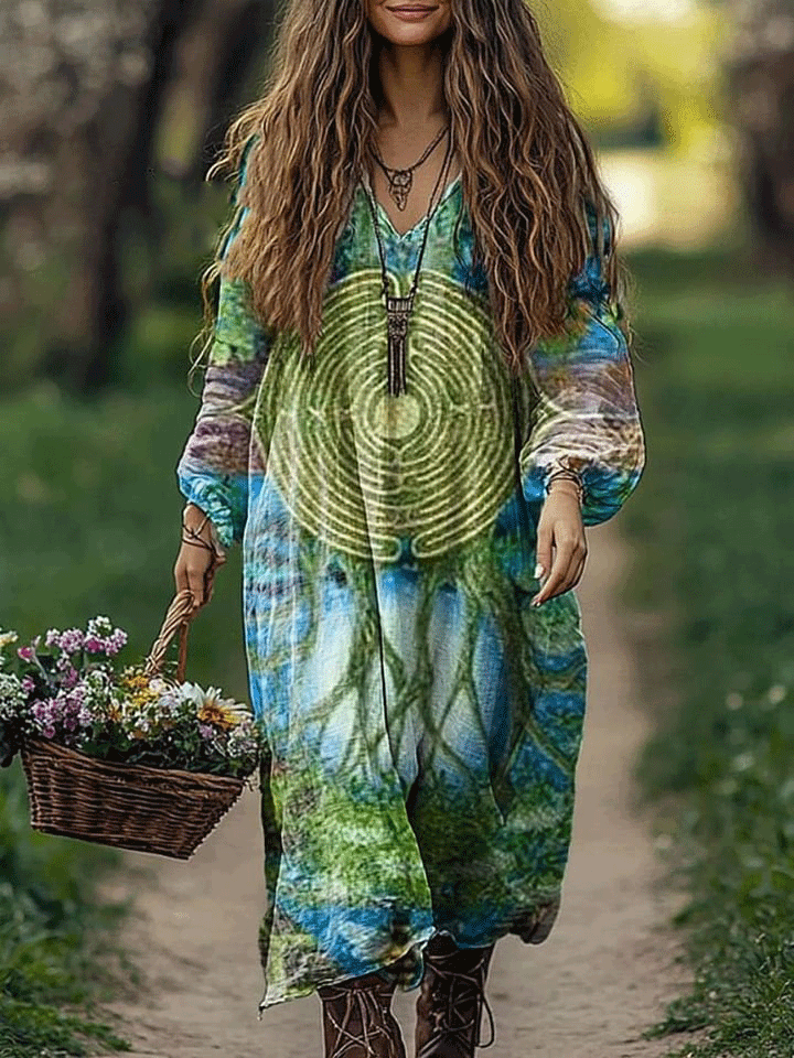 Women's Forest Circle Art Print Pocket Cotton V Neck Long Sleeve Dress
