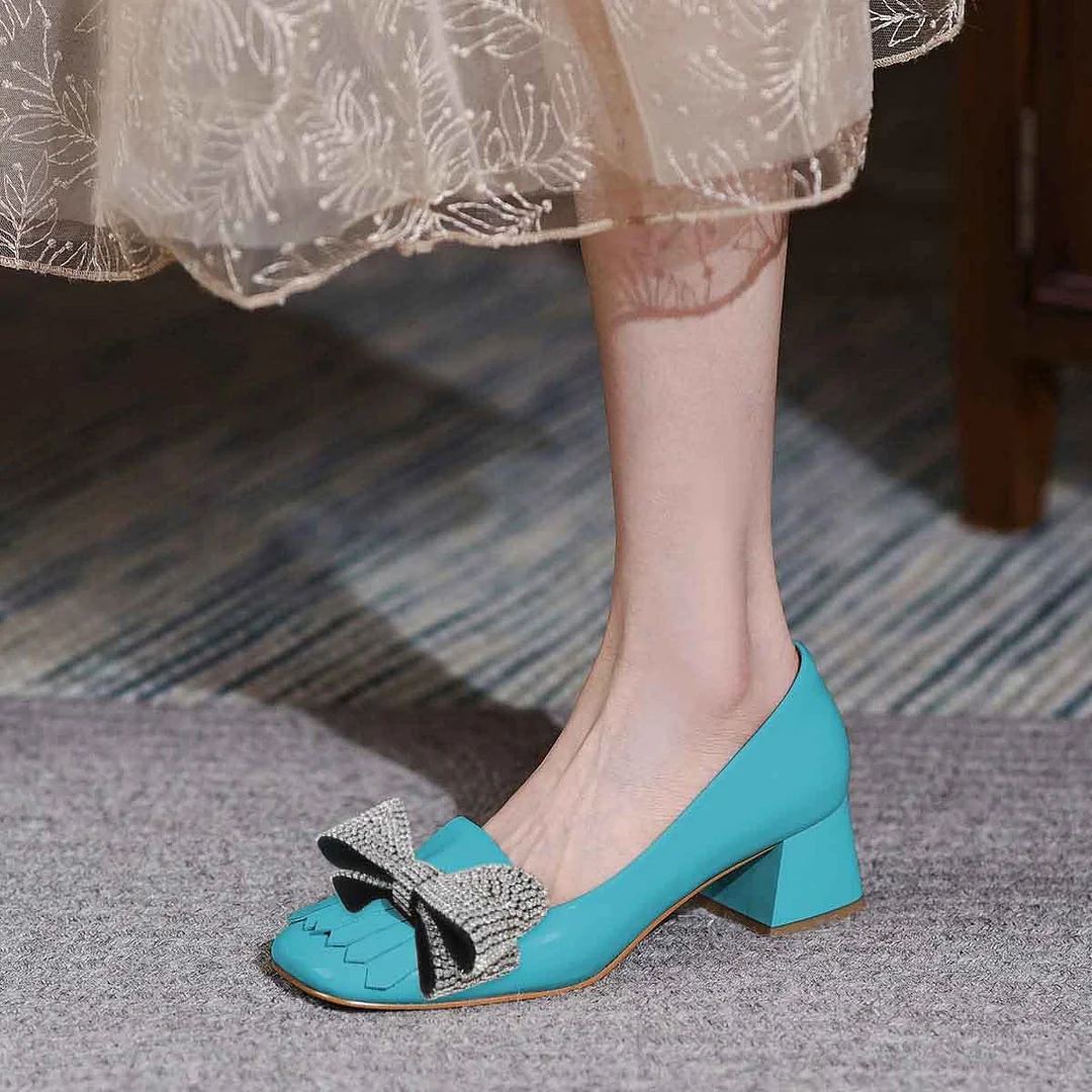 Light Blue Vegan Leather Square Toe Rhinestone Bow Fringe Pumps Heels