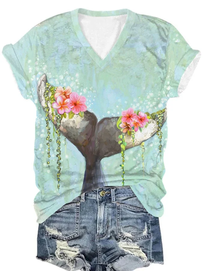 Women's Hibiscus Whale Tail Print V-Neck T-Shirt