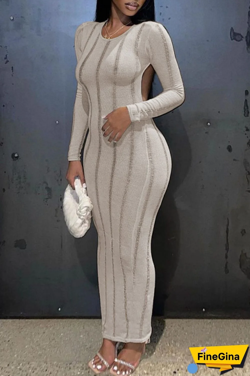 Khaki Sexy Casual Solid Backless O Neck Long Sleeve Dresses