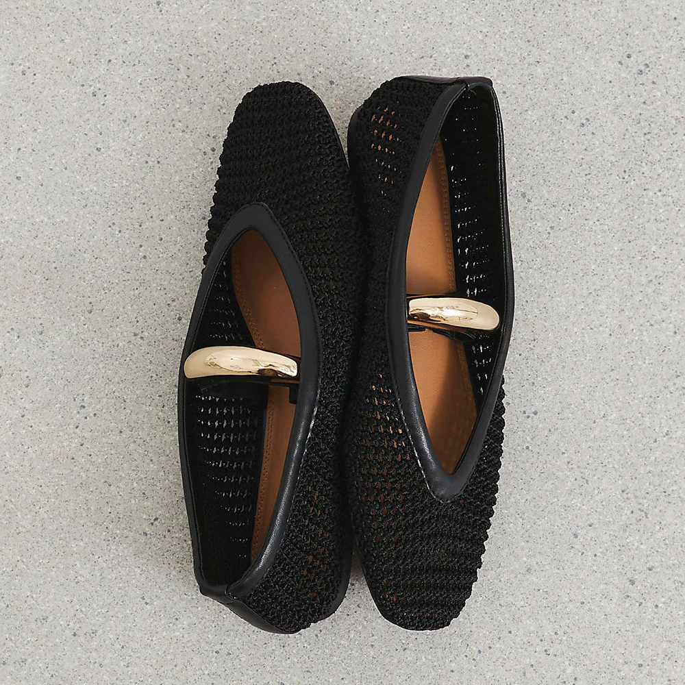 Black Crochet Round Toe Metal Decor Strap Flat Shoes Women
