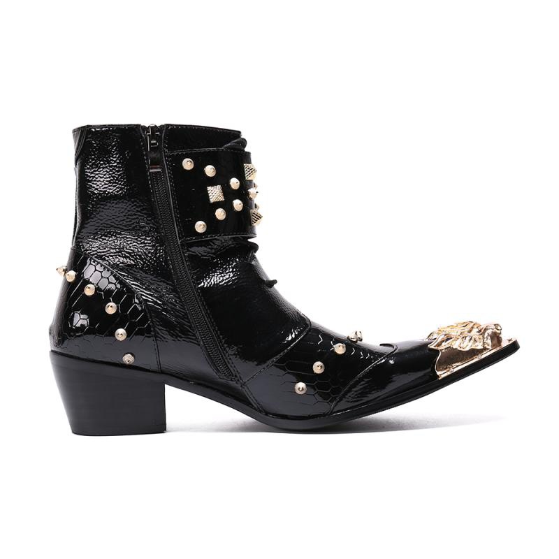 Men's Western Ankle Boots Mental Pointed Toe Rivets Zip High Heel Men Boots Career Work Bar Stage Boots
