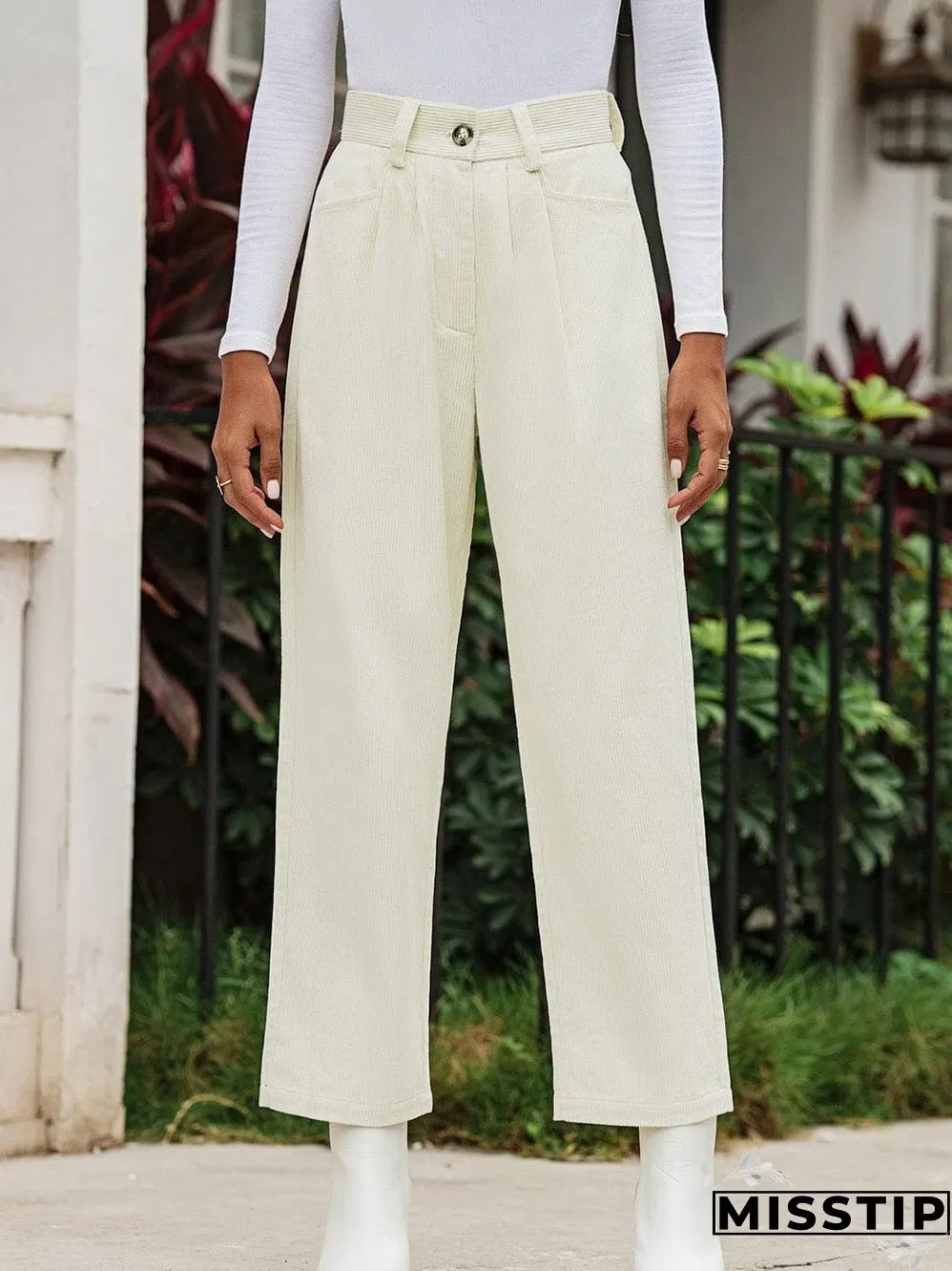 Beige Corduroy High Waist Trousers for Winter Casual Wear