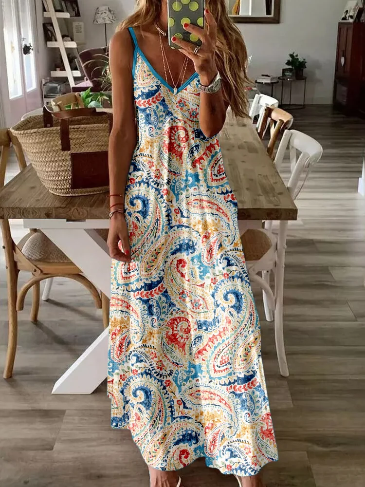 Comstylish Colorful Paisley Art Pattern Cami V Neck Maxi Dress