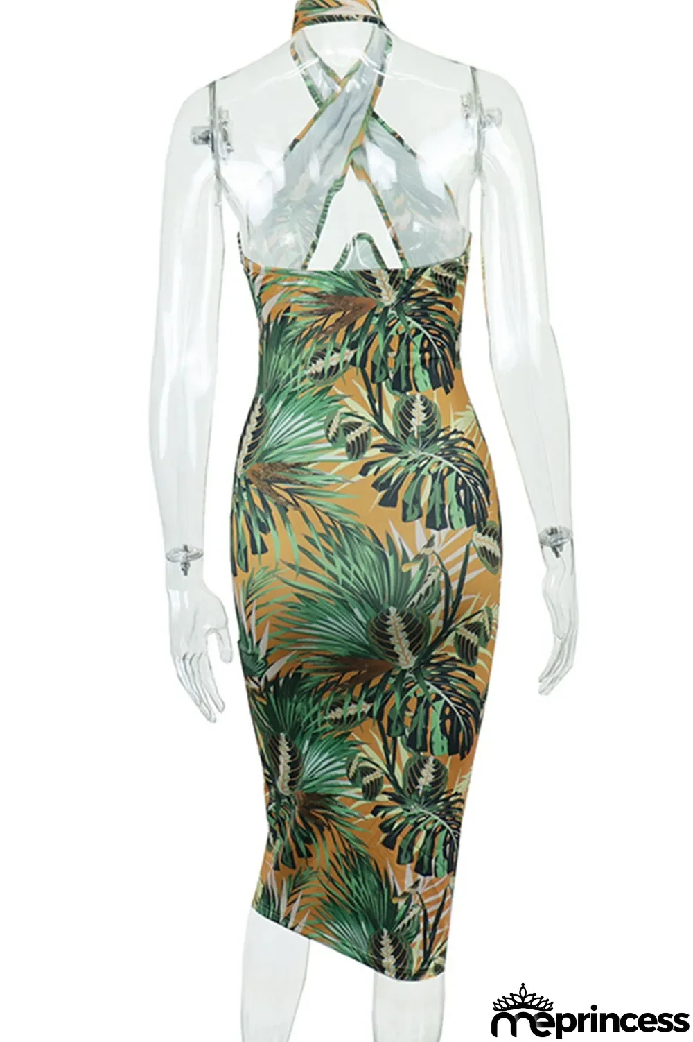 Green Sexy Print Hollowed Out Split Joint Backless Halter Pencil Skirt Dresses