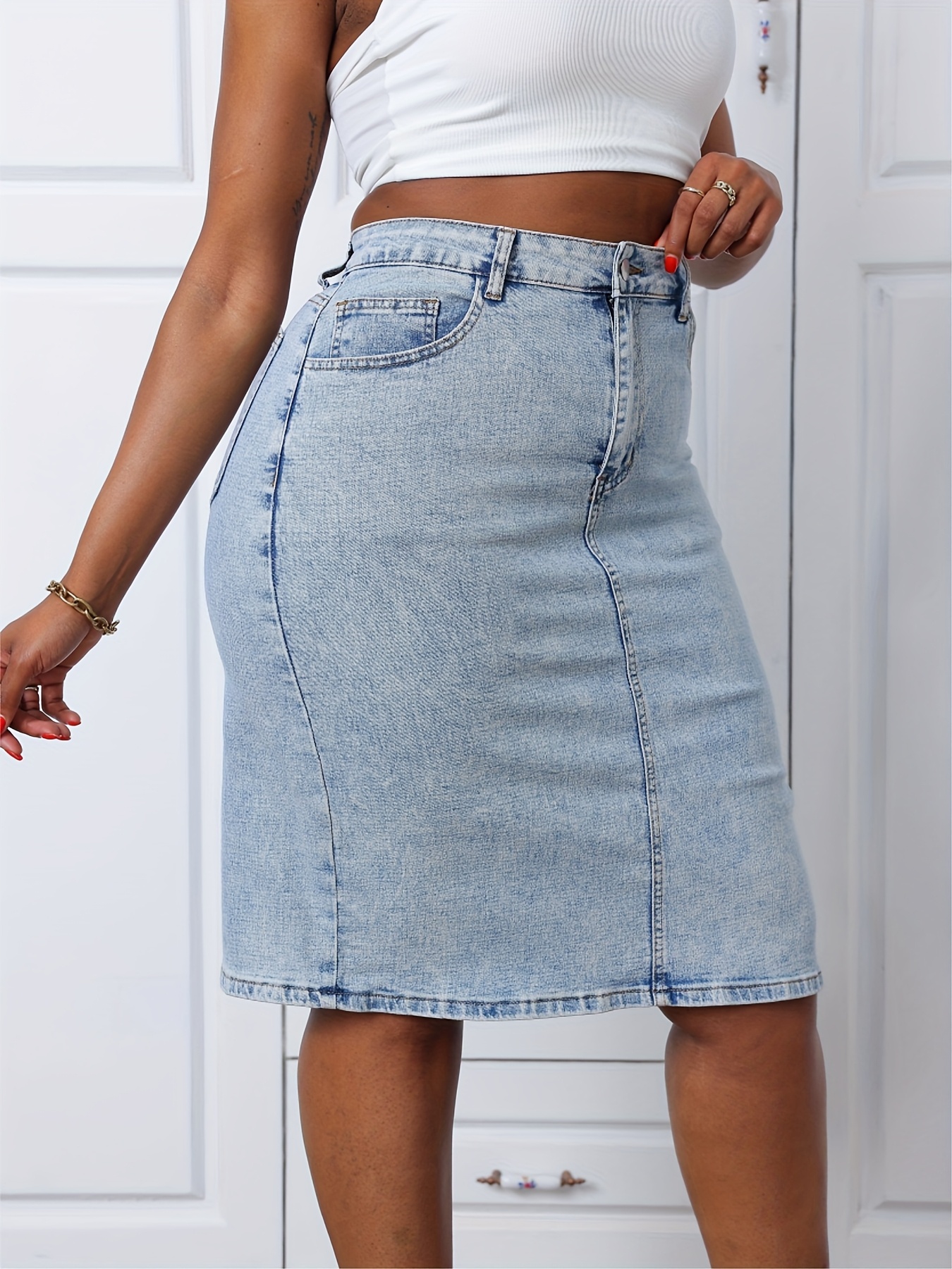 Women's Blue Denim Midi Skirt With Pockets, High Waist Slit Casual Jean Skirt, Female Denim Wear | IFYHOME