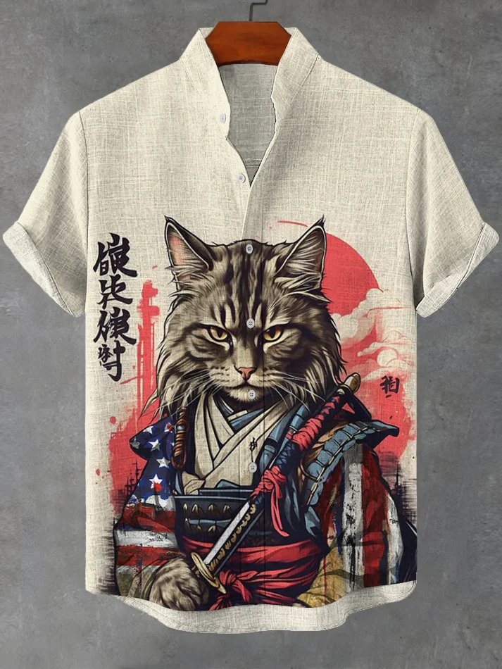 Men's Japanese Samurai Cat Prints Casual Linen Blend Shirt