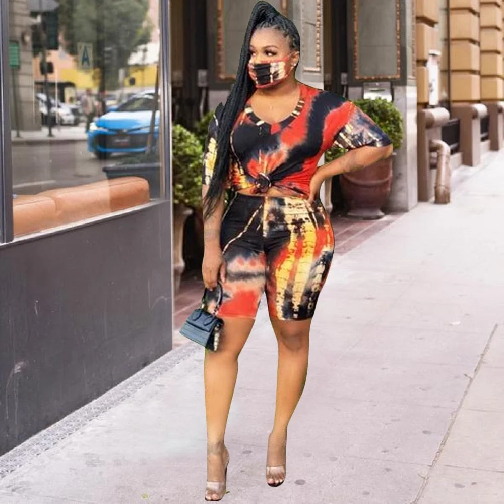 Tie Dye Sport Suits Sets Women 2Pieces Plus Size Tracksuit Fashion Short Sleeve T-Shirt+Biker Shorts Female Active Wear XL-4XL