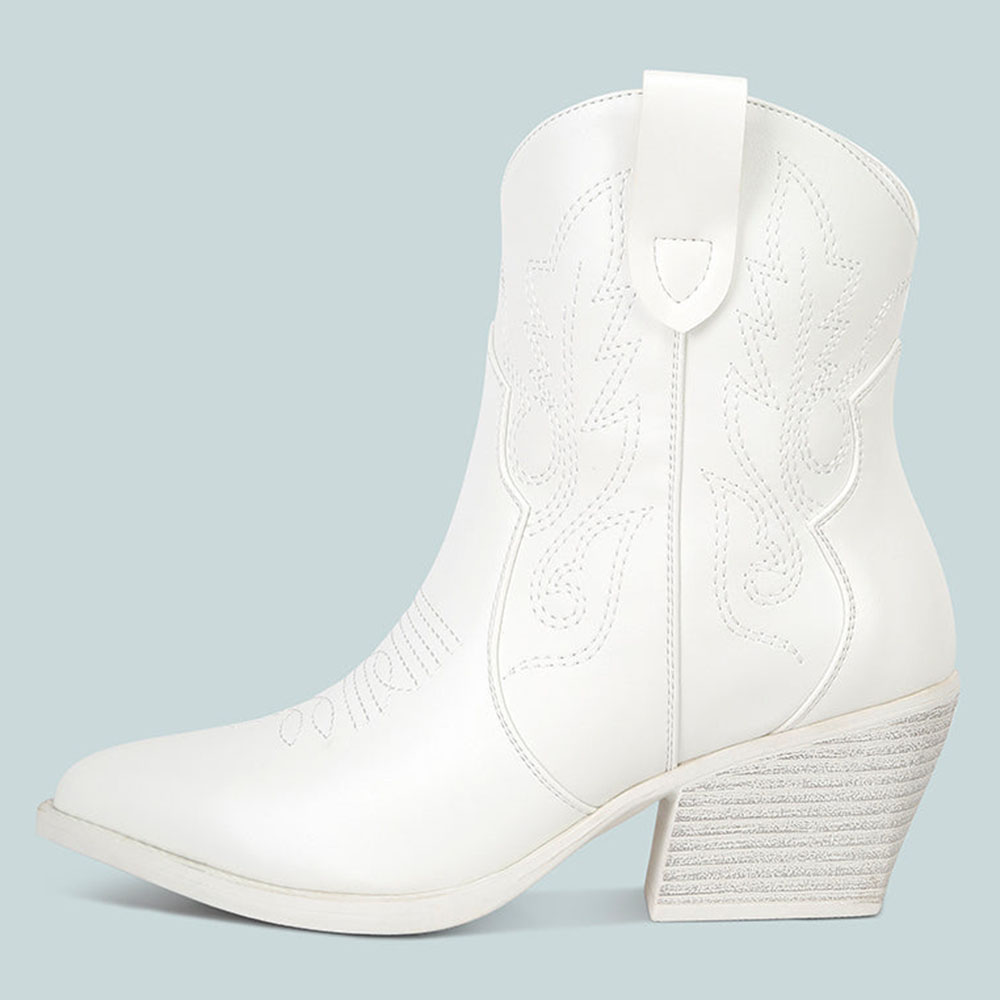 White Embroidered Block Heel Ankle Length Cowboy Boots for Women