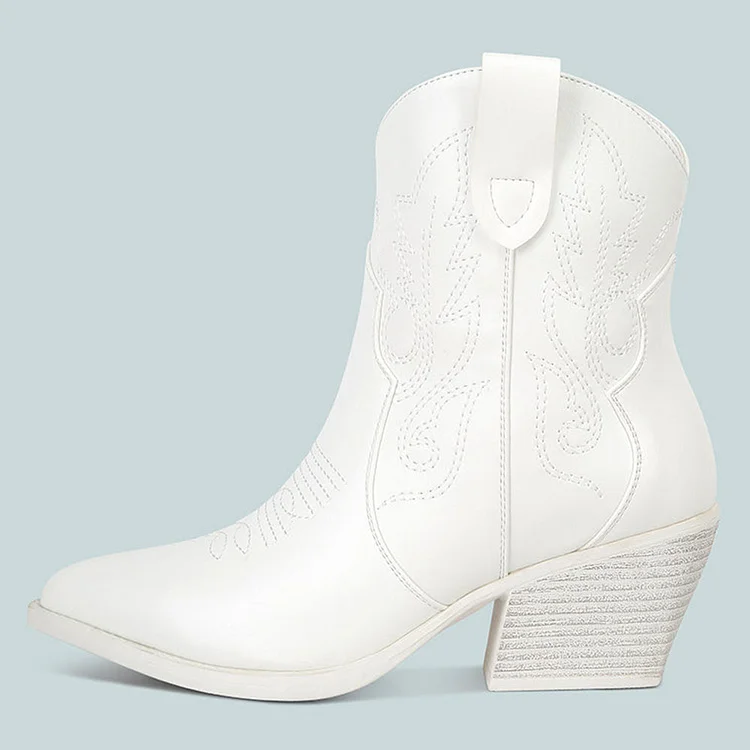 White Embroidered Block Heel Ankle Length Cowboy Boots for Women |FSJ Shoes