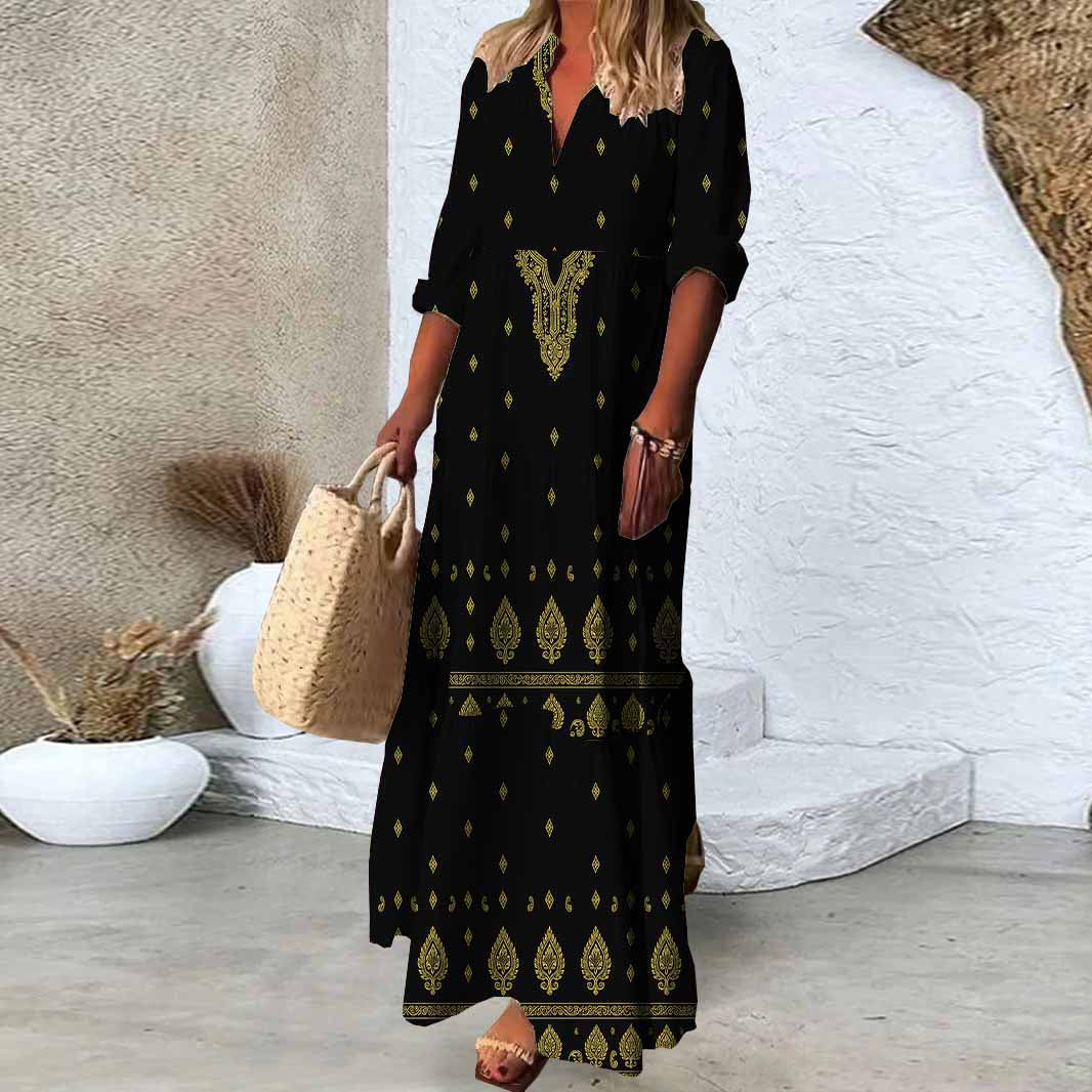 Women Retro,Black,Gold DZDN0309 SPU Printed Long Sleeve V-neck Maxi Dress
