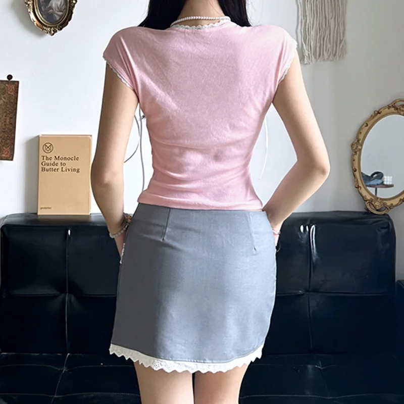 Toloer Toloer Girly Lace Lace Pink Short-Sleeved T-Shirt Square Bow Slim Slim Top-Outfit Ideas