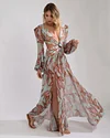 Floral-Print Bandage Puff Sleeves Asymmetric Bohemian Maxi Dress