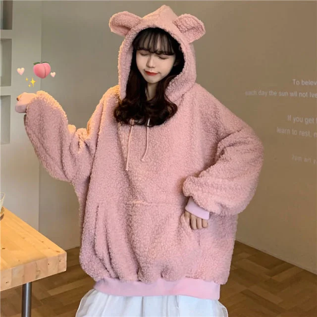 XL-4XL Plus Size Black/Pink Kawaii Bear Fluffy Hoodie SP16886