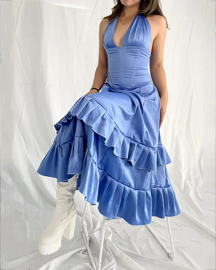 Fashion Solid Color V-neck Ruffle Dress