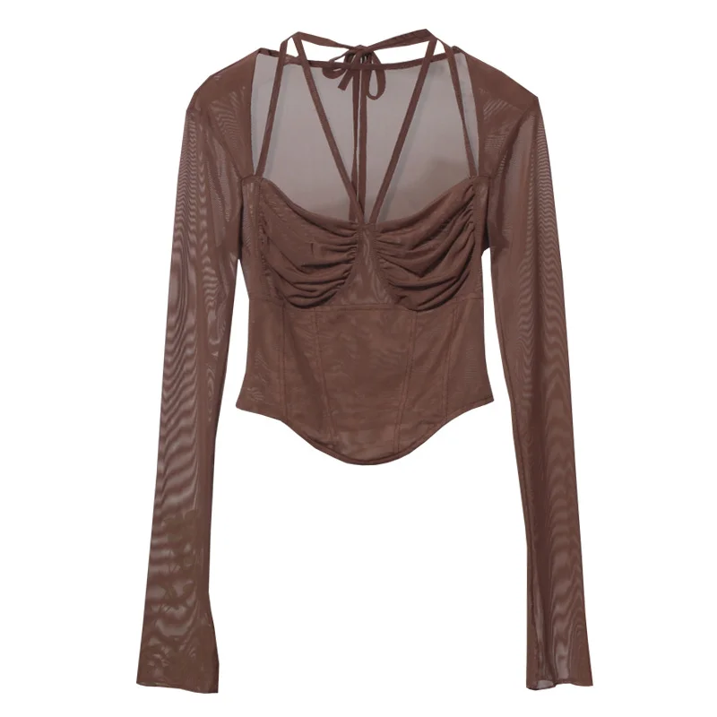 Churchf Sexy Hot Tie Tie With Hanging Neck Long-Sleeved Mesh T-Shirt Repair Short Open Fork Cuff Top 8932