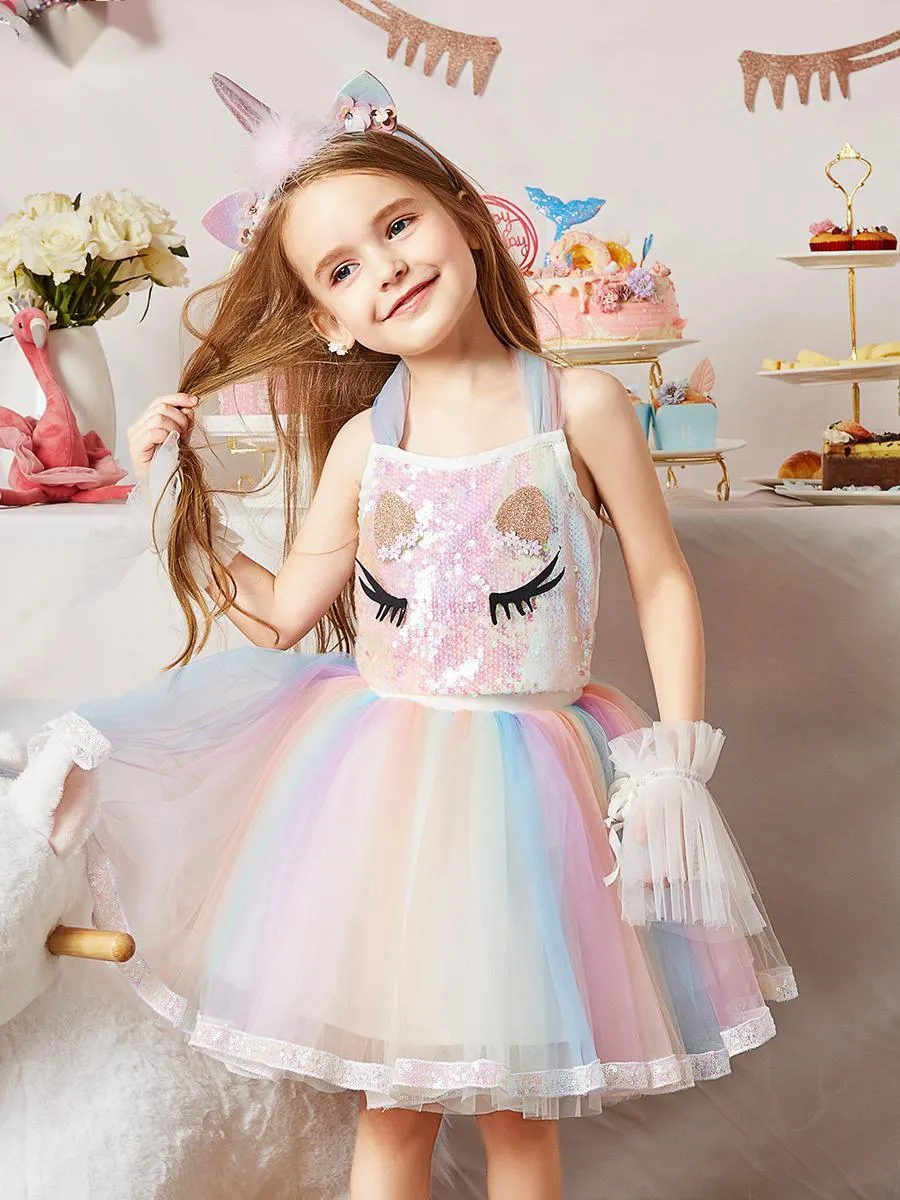Girls Unicorn Dress For Children's Sequins Rainbow Tulle Princess Dress 3-8 Years Kids Wedding Birthday Party Tutu Gown Vestidos