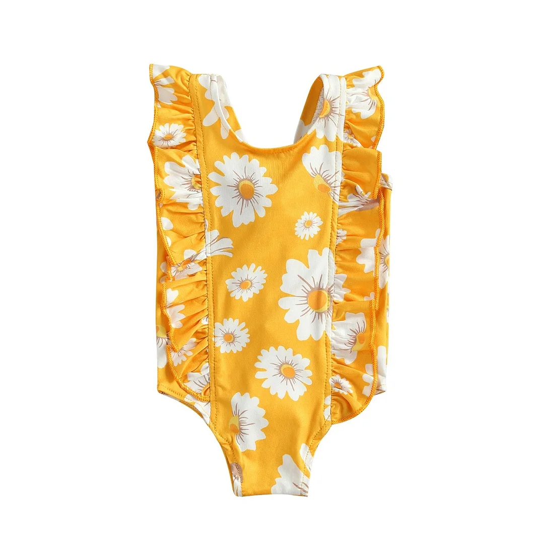Infant Newborn Girl Sweet Daisy Print One-Piece Swimsuit Fashion Back Bandage Ruffles Sleeveless Swimsuit 6M-5T