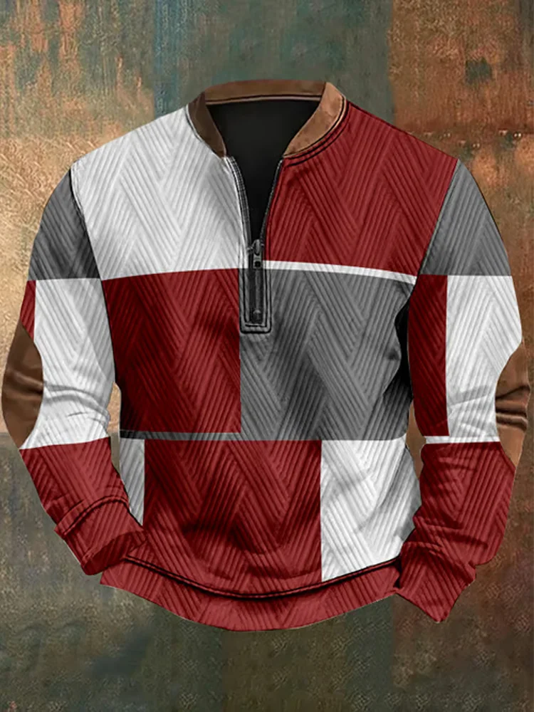 Utbros Men's Jacquard Fabric Color Block Design Zipper Sweatshirt