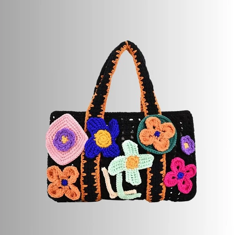 Lulusnow Handmade Multicolor Doodle-style Crochet Flowers Youthful Whimsy Crochet HandBag