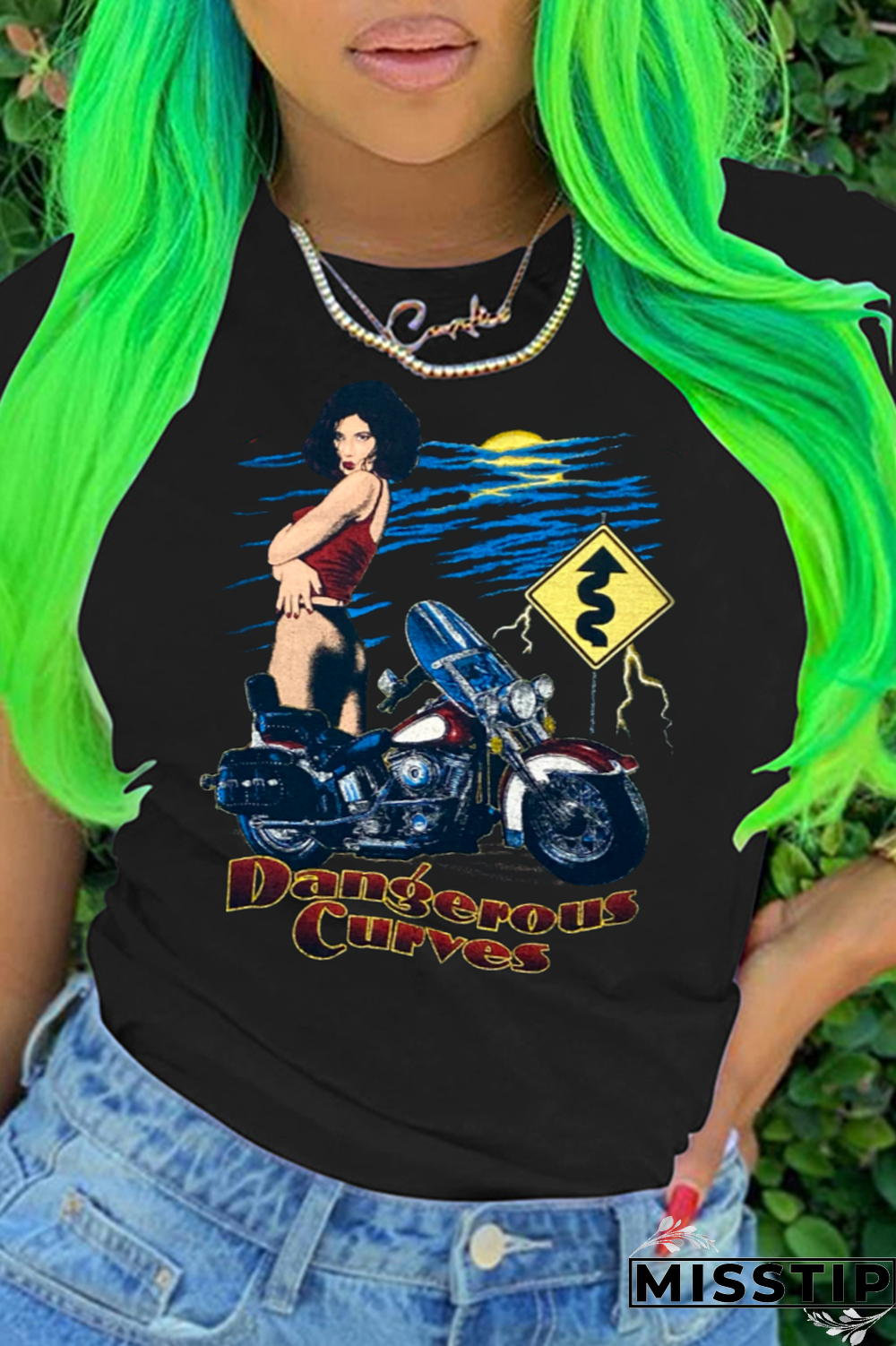 Black Street Party Print Patchwork Letter O Neck T-Shirts