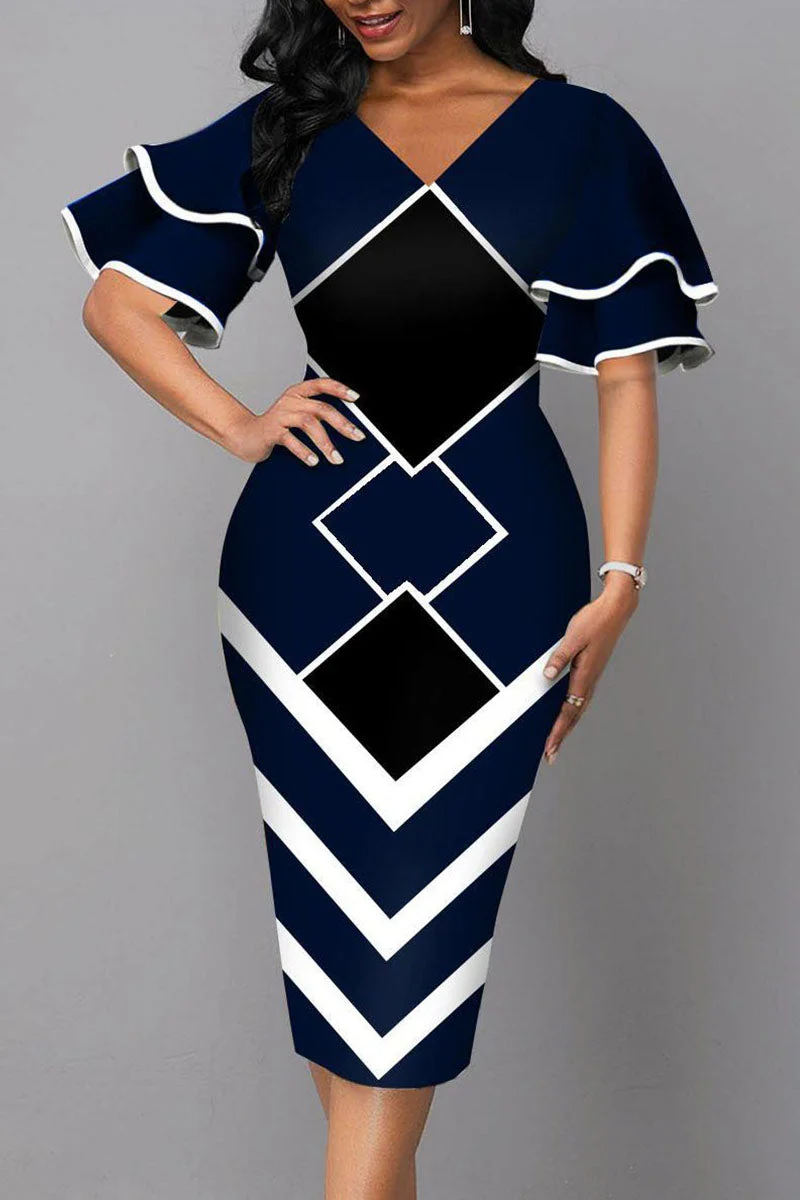 Elegant Geometric Print Split Joint V Neck Pencil Skirt Dresses