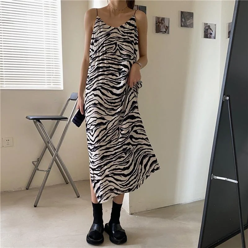 Sleeveless Dress Women Spaghetti Strap Zebra Pattern Chic Harajuku Loose 3XL Streetwear Summer Thin Casual All-match Female New